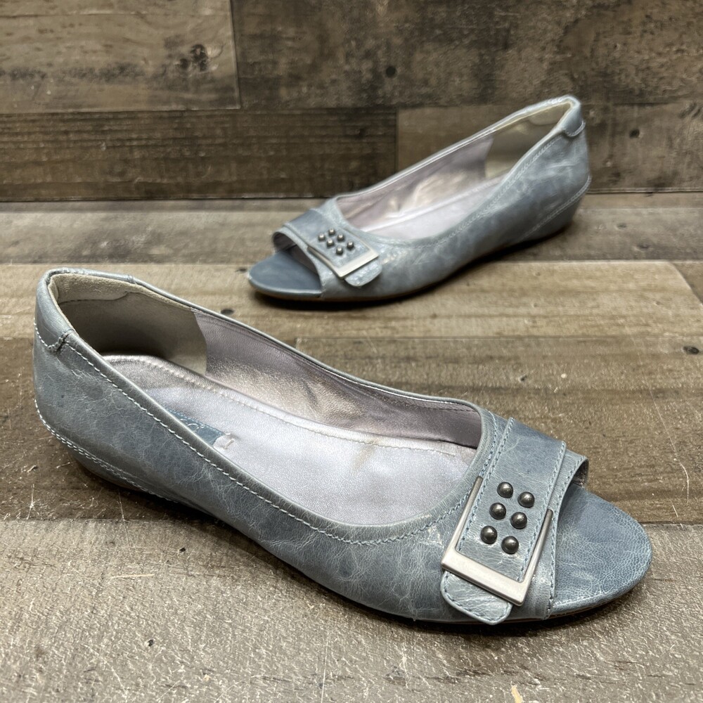 Ecco Womens Blue Patent Leather Open Toe Slip On Heels Hidden Low Wedge Size 38